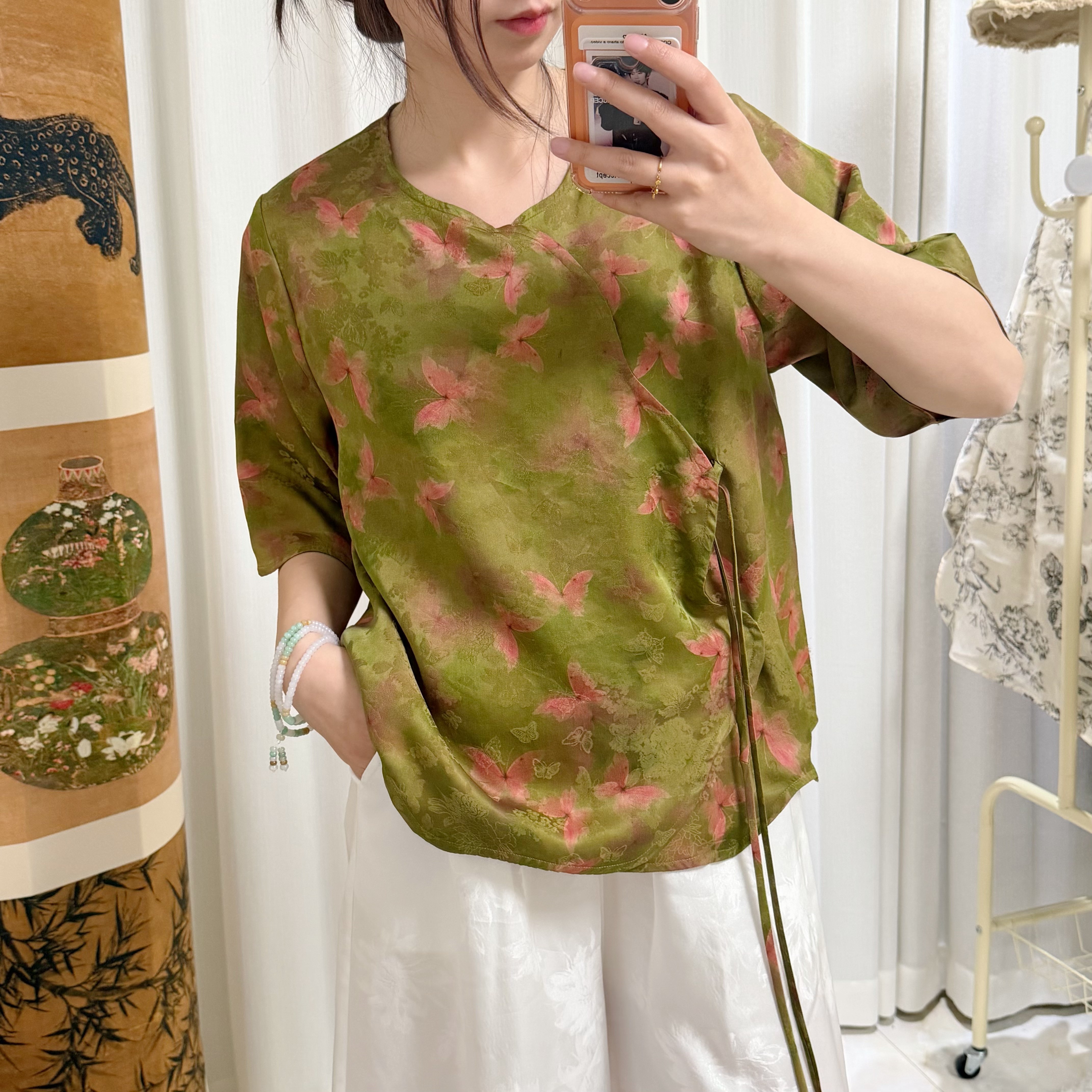 新中式桑蚕丝真丝暗纹衬衫女宽松显瘦绿色花卉上衣