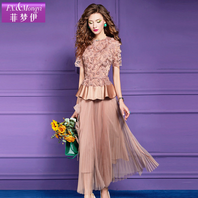 菲梦伊时尚套装女夏季花朵时尚气质收腰上衣网纱半身裙职业两件套