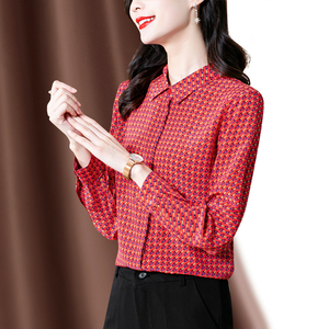 RY1674#印花红色衬衫女长袖高端简约轻熟百搭桑蚕丝上衣