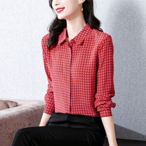 RY1674#印花红色衬衫女长袖高端简约轻熟百搭桑蚕丝上衣