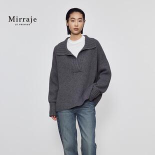 宽松polo领粗坑条纹羊毛针织衫 Mirraje新款 开叉舒适宽松显瘦女