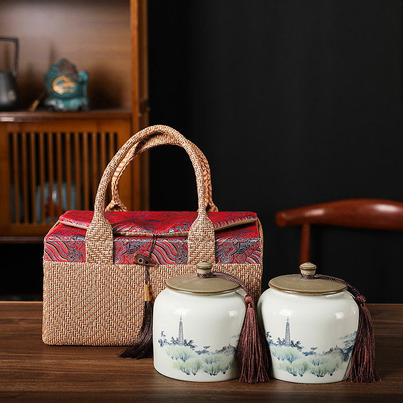 手工复古藤编布包礼盒包装盒龙井绿茶陶瓷茶叶罐普洱红茶通用定制,餐饮具,茶叶罐,淘宝优惠券,粉丝福利购,淘宝优惠卷
