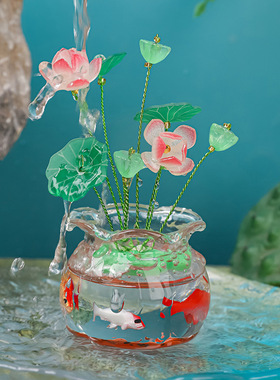 国风锦鲤好运瓶荷花树脂工艺品摆件创意车载装饰家居茶桌摆件