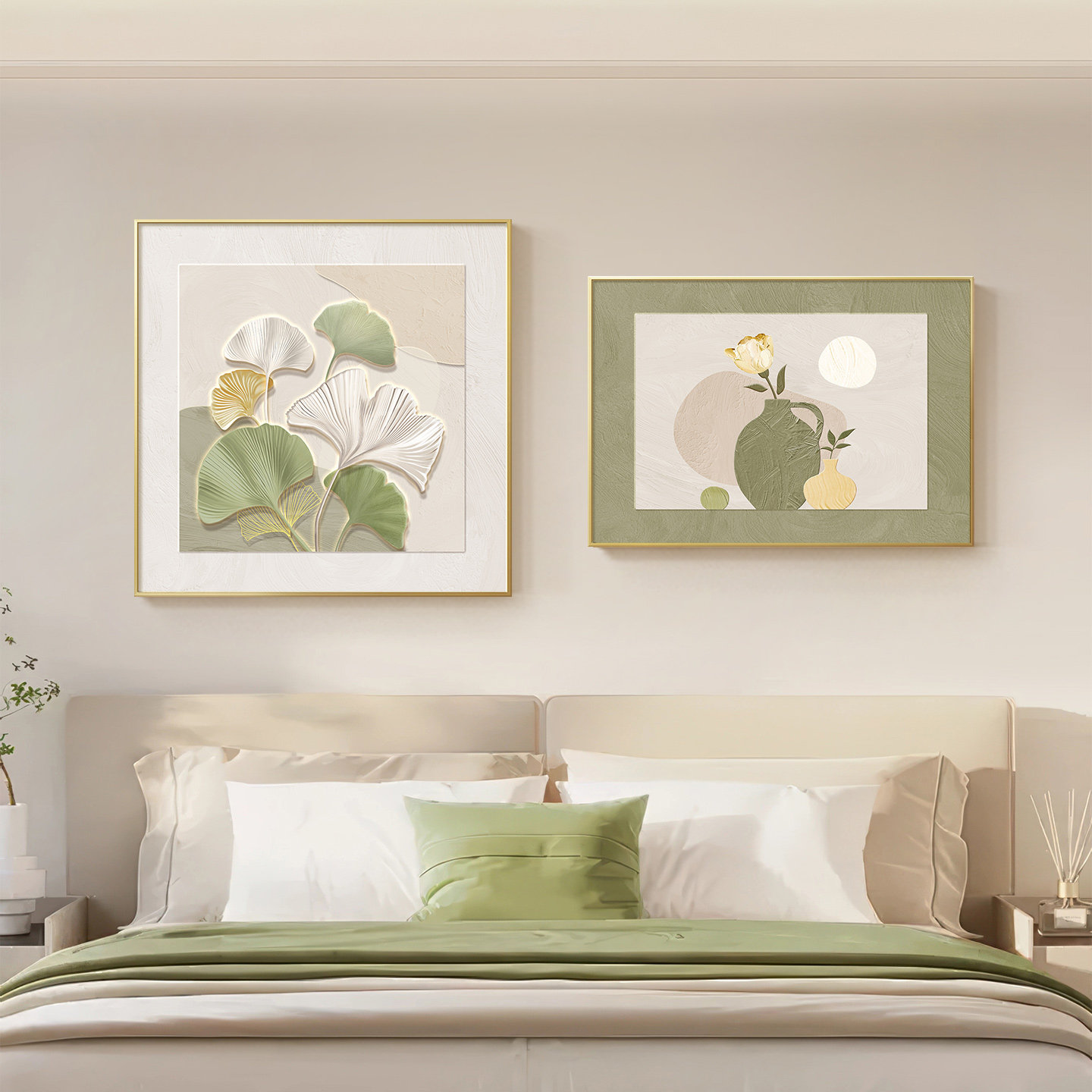 现代简约植物主卧床头装饰画卧室房间客厅挂画北欧风小清新两联画