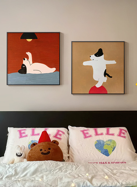 卡通小狗红色儿童房挂画正方形客厅装饰画高级感轻奢餐厅玄关壁画