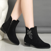 真皮2025新款 秋冬单靴磨砂中跟短靴女软底低跟软底棉鞋 粗跟靴子女