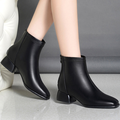 真皮靴子女舒适粗跟短靴时尚单靴