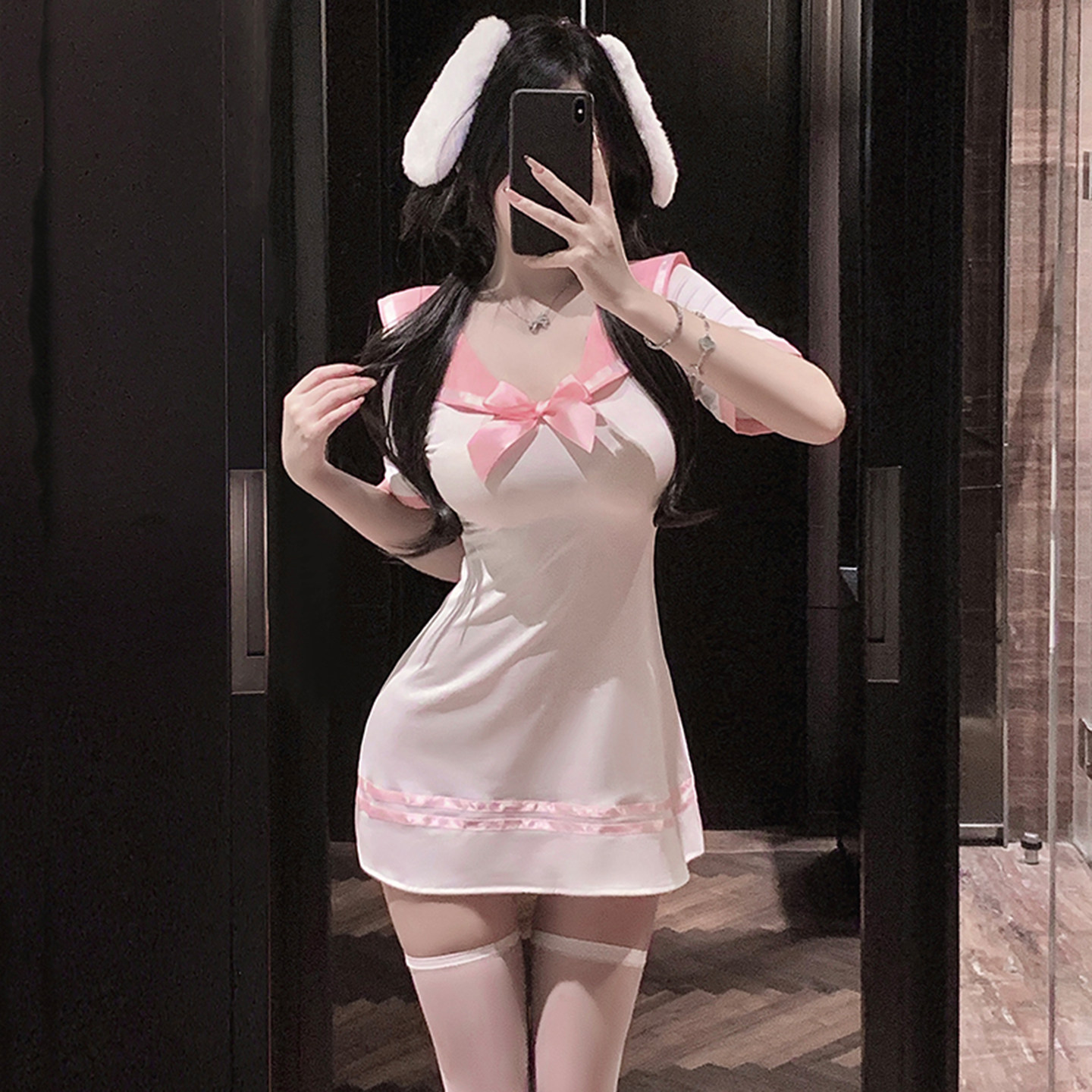 轻薄透明超短睡裙粉色水手服翻领可爱高腰修身睡衣女短袖纯欲风