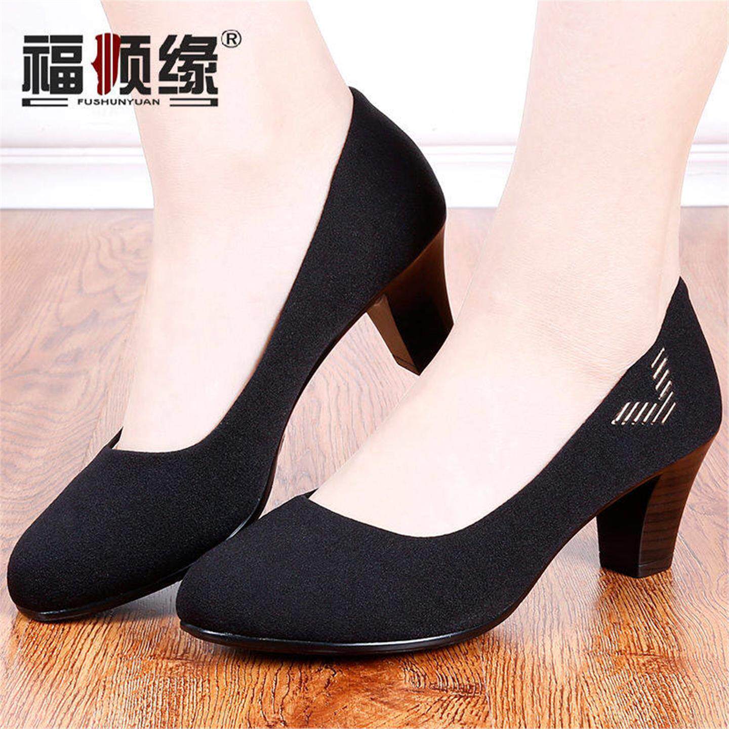 福顺缘新款老北京布鞋粗跟通勤女单鞋 中跟工装工作上班舒适女鞋