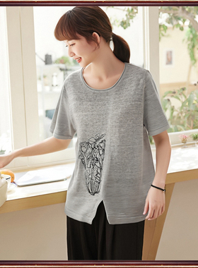 鼎成麻业2025夏季休闲文艺百搭亚麻针织衫绣花简约短袖T恤女26052