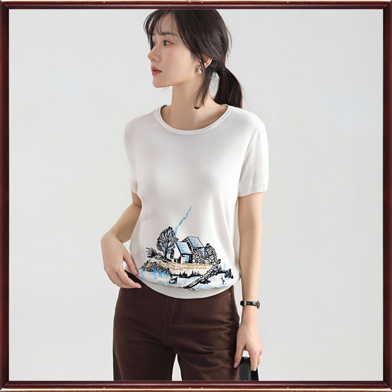 鼎成麻业正品夏季薄款休闲时尚亚麻针织衫绣花圆领短袖T恤女8143