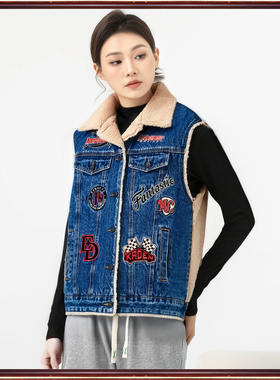 扎哈专柜拓谷潮牌冬休闲翻领仿羊羔毛马甲宽松无袖牛仔外穿30668