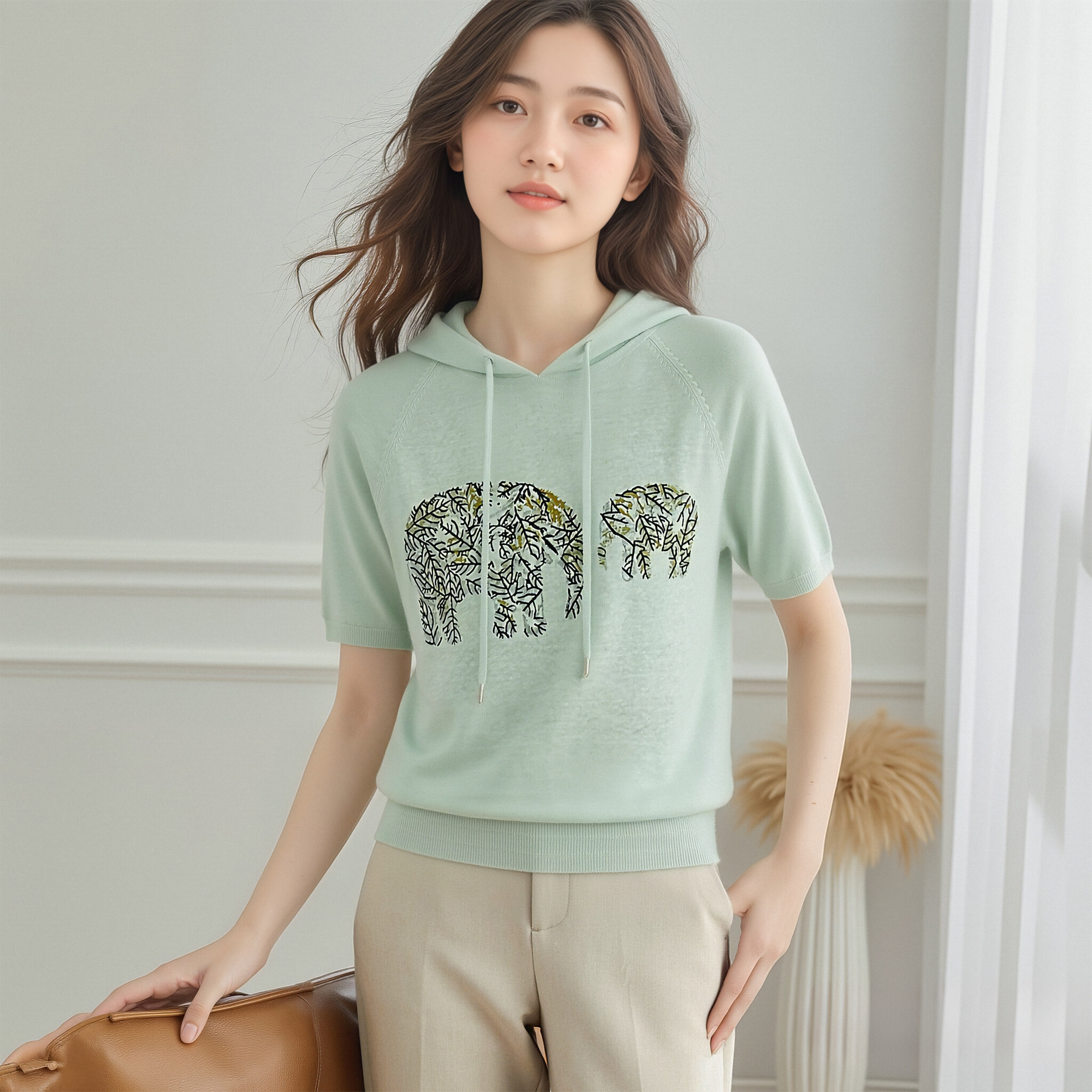 鼎成麻业正品2026夏季休闲文艺亚麻针织衫刺绣连帽短袖T恤女8320