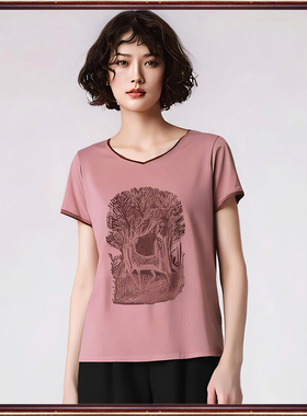 欧之琴正品夏季断码特惠 莫代尔纯棉锈花显瘦短袖V领T恤女68291