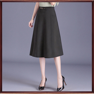 朗斯莉秋冬断码折扣黑色显瘦百搭锦羊毛呢子A字半身中长裙女152
