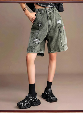 专柜拓谷潮牌夏季新款高腰直筒做旧工装五分休闲牛仔中裤女40625