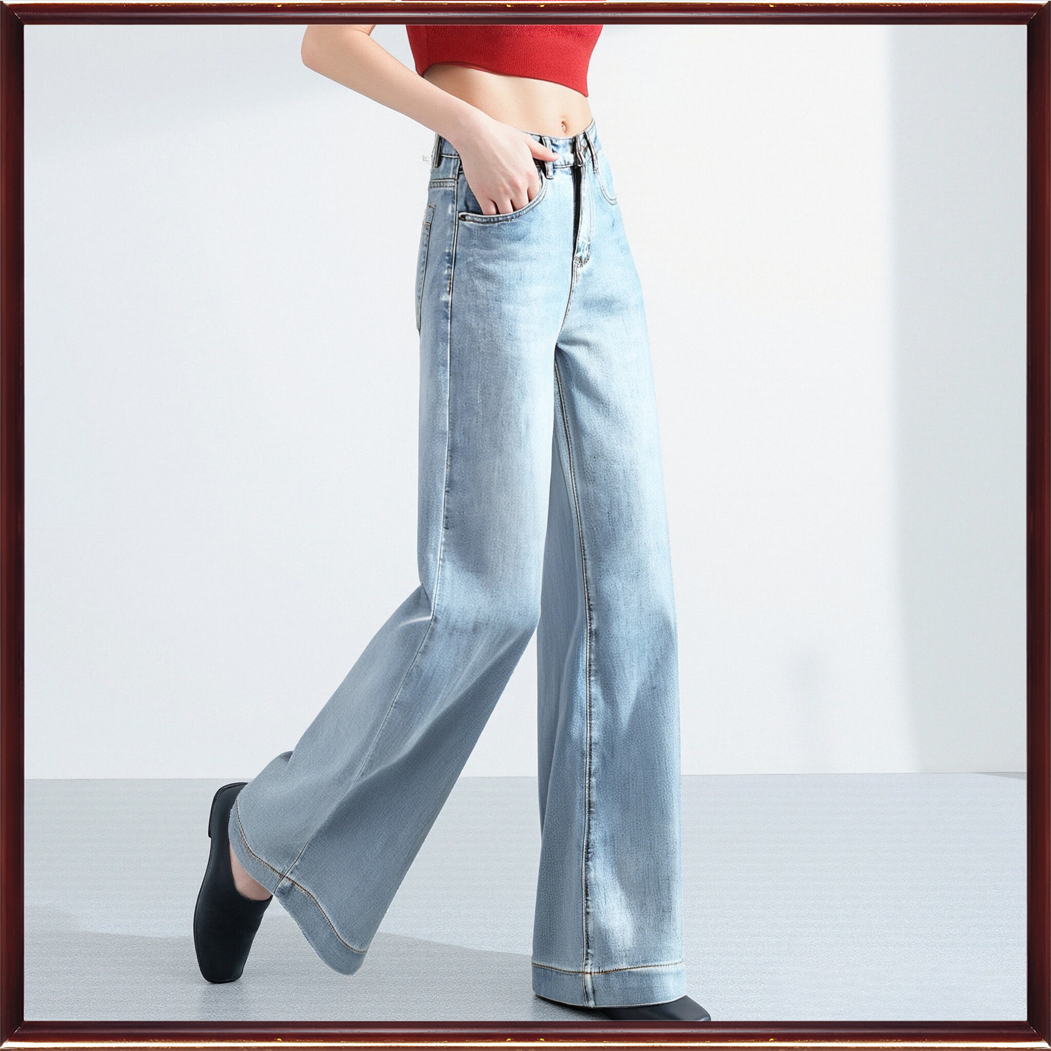 贝影2026年春季新款 高腰直筒弹力百搭时尚阔腿牛仔长裤女253002