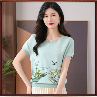 绣花圆领短袖 休闲显瘦亚麻针织衫 T恤女8170 薄款 鼎成麻业2025夏季