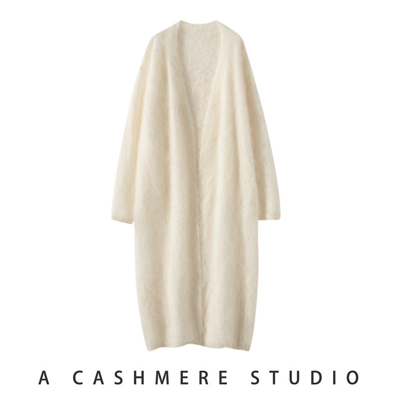 100%纯山羊绒衫女中长款宽松拉绒