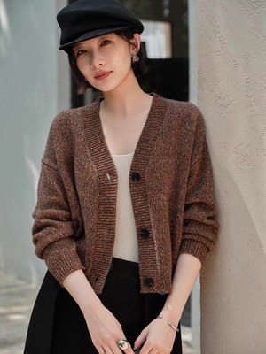 LP花纱加厚～100%山羊绒老钱风V领开衫女秋冬新针织外套宽松毛衣