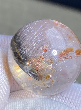 天然水晶黑银钛共生红胶花吊坠圆珠DIY胶花单珠饰品项链17.5mm