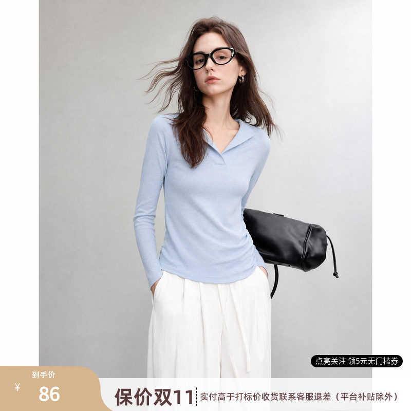 德玛纳含绵羊毛莱赛尔翻领T恤女26秋季新款抽皱修身弹力长袖上衣