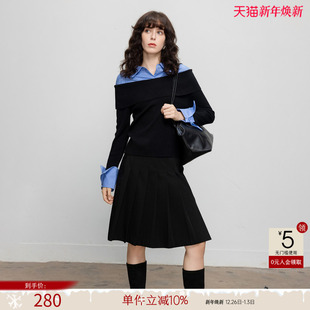 上衣 撞色翻领气质针织衫 德玛纳轻职场假两件拼接线衫 女春秋新款