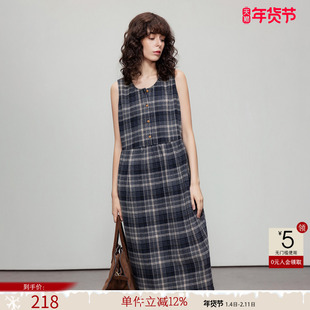 德玛纳文艺复古格纹连衣裙女春秋新款宽松无袖背心裙长款A字裙