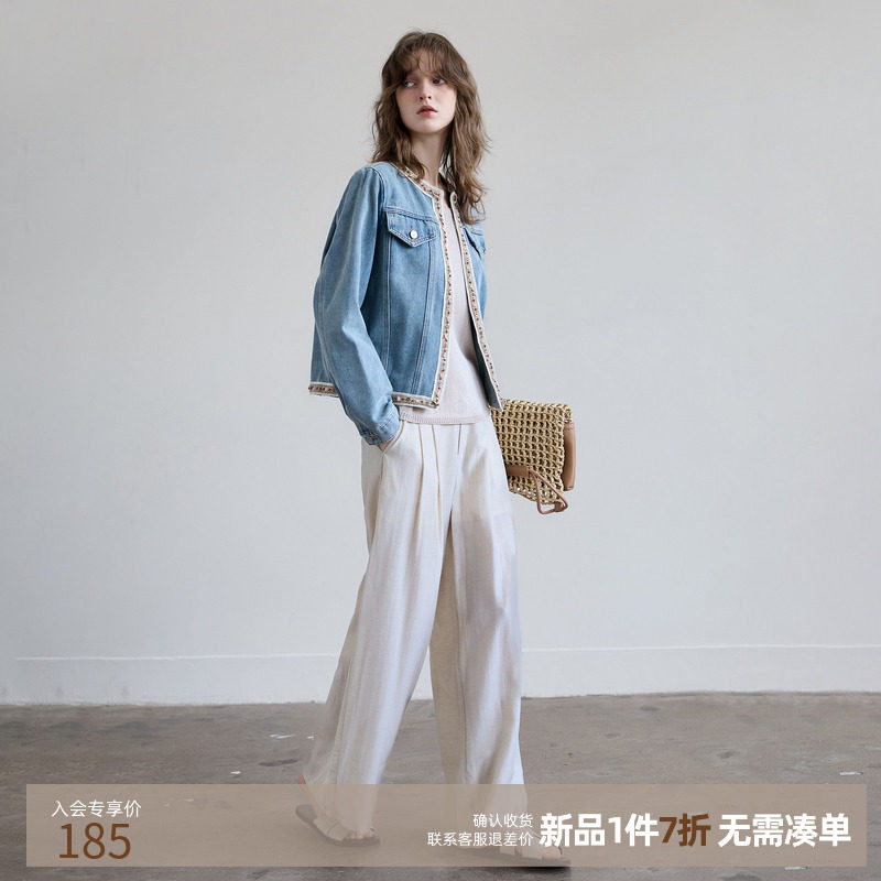 德玛纳气质织带装饰牛仔外套女26春季新款圆领短款小个子夹克上衣,女装/女士精品,短外套,淘宝优惠券,粉丝福利购,淘宝优惠卷