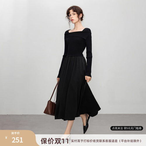 法式复古方领连衣裙长款A字裙