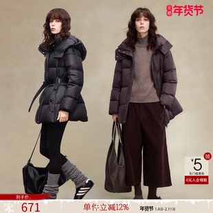 德玛纳保暖90鸭绒连帽羽绒服女25冬季新款腰带户外蓄热中长款外套