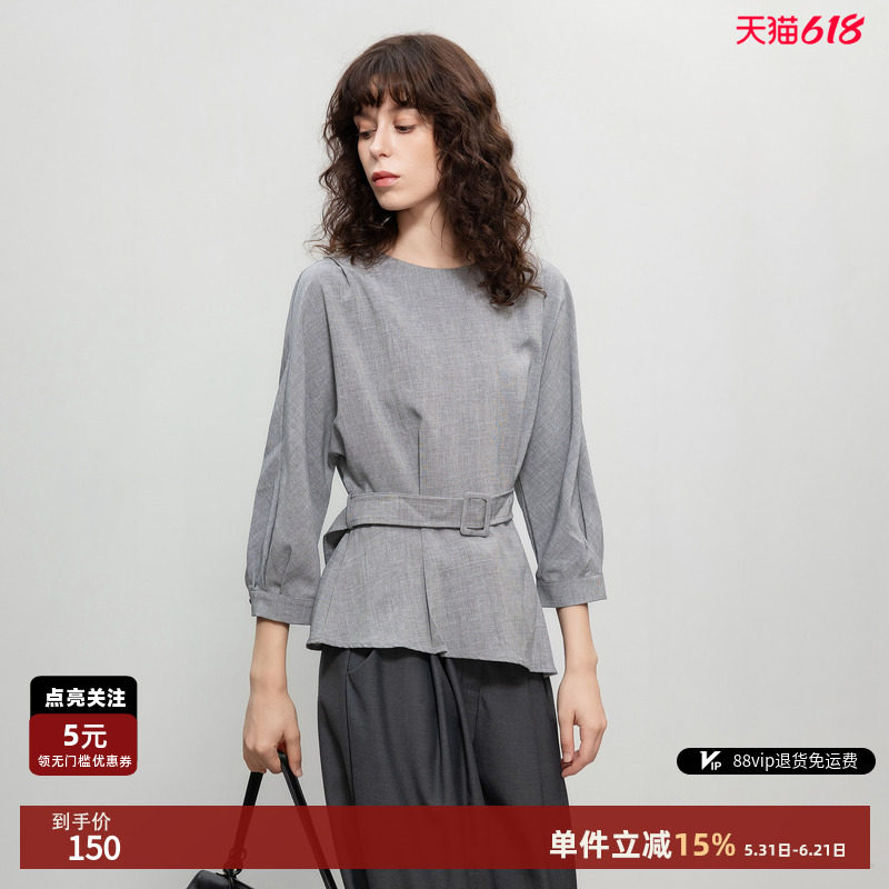 德玛纳商务通勤七分袖衬衫26春秋新款圆领不对称式衬衣收腰上衣女