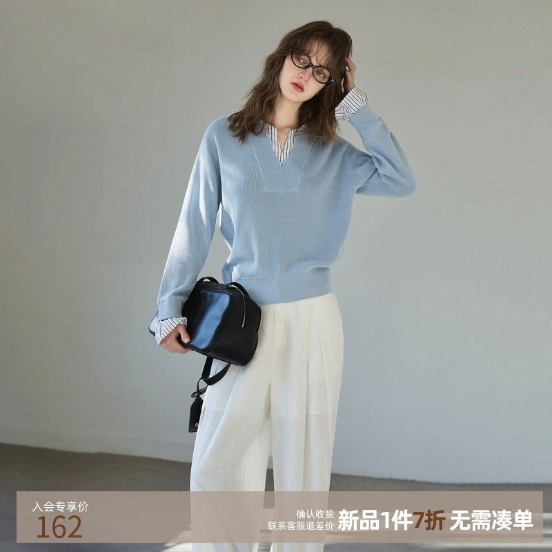 德玛纳舒柔淡人V字翻领针织衫女26春季新款条纹拼接气质线衫上衣,女装/女士精品,毛针织衫,淘宝优惠券,粉丝福利购,淘宝优惠卷