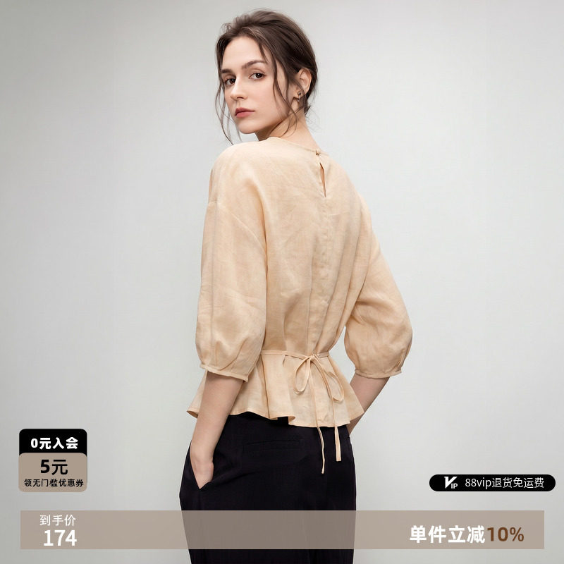 德玛纳苎麻莱赛尔氧气感衬衫女26夏季新款圆领中袖系带腰宽松上衣