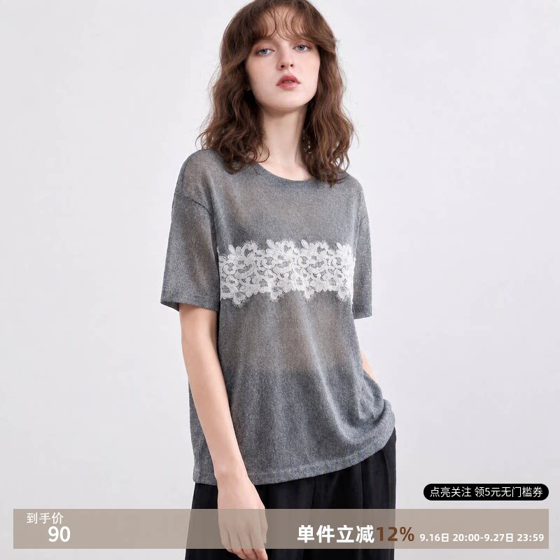 德玛纳夏季轻薄蕾丝宽松短袖T恤图片