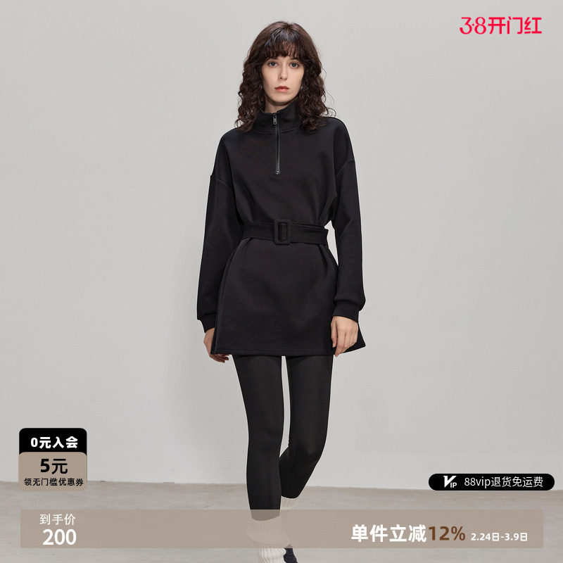 德玛纳气质通勤半拉链立领卫衣女春秋新款舒适宽松腰带休闲上衣