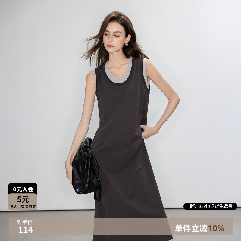 德玛纳假两件撞色圆领背心裙极简图片