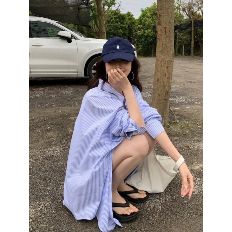 美式慵懒风蓝色条纹防晒长袖衬衫女夏季新款韩系宽松显瘦外套上衣