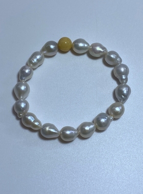 7-8mm天然白色白洛克有核淡水珍珠弹力绳手链不规则带浅灰色手串