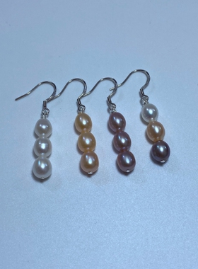 7-8mm天然白色米形淡水珍珠耳环粉紫色水滴形长款耳坠女款