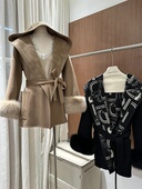 富贵老钱 100羊毛连帽长款 &短款 大衣配可拆卸毛袖 和腰带印花款