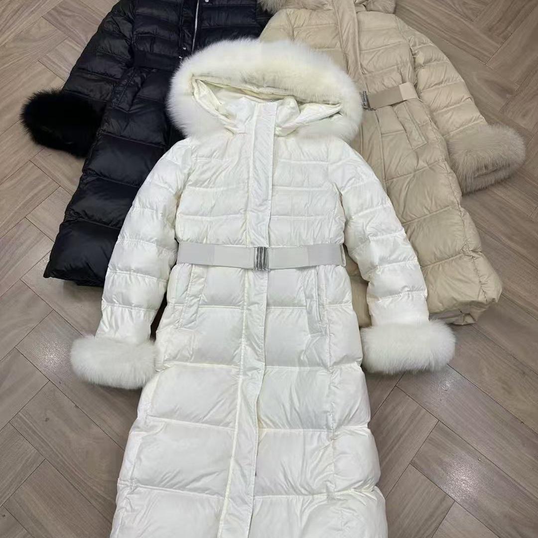 大狐狸毛领羽绒服女过膝长款2024冬新修身显瘦加厚白鸭绒连帽外套