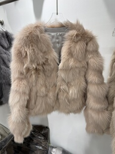 2025新款 100%狐狸毛V领皮草外套气质名媛贵气毛毛上衣 粉暮光月色