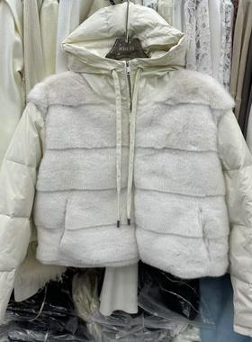 Atu【温暖小奶包】韩女拼仿水貂连帽白鸭绒羽绒服马甲外套冬气质