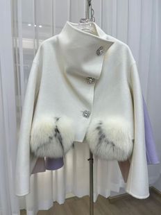 口短立领大衣外套 高级名媛赫本风双面呢拼接狐狸毛袖 北欧情书