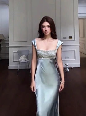 Coco puff 法式重工钉钻醋酸吊带连衣裙收腰显瘦流光缎面礼服裙