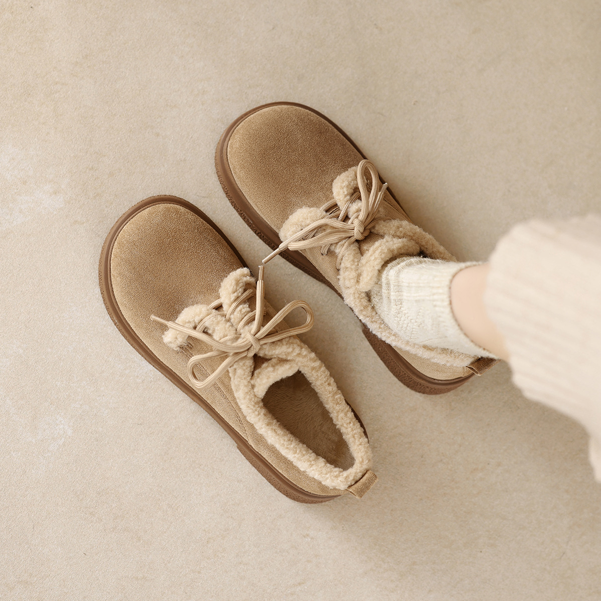 厚底乐福鞋女加绒复古大码毛毛鞋