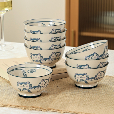 日式陶瓷猫咪釉下彩饭碗