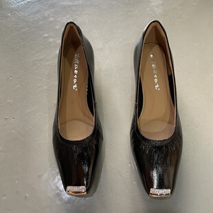 外贸新款时尚简约金属头里外全真皮羊皮粗跟女鞋橡胶软底