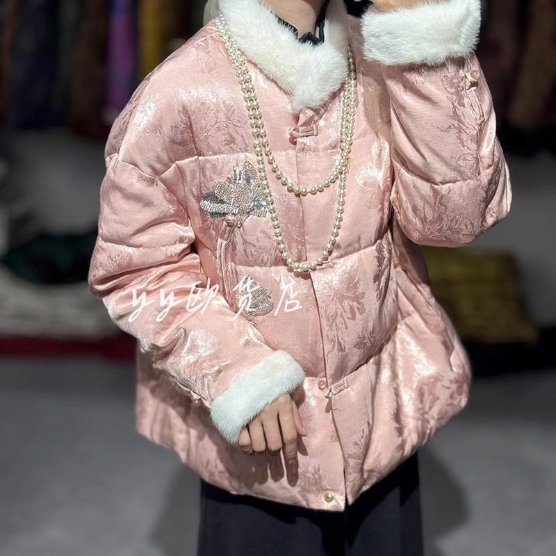 欧洲站2025新中式水貂毛领鹅绒服女短款重工珠片刺绣时尚百搭外套,女装/女士精品,短外套,淘宝优惠券,粉丝福利购,淘宝优惠卷